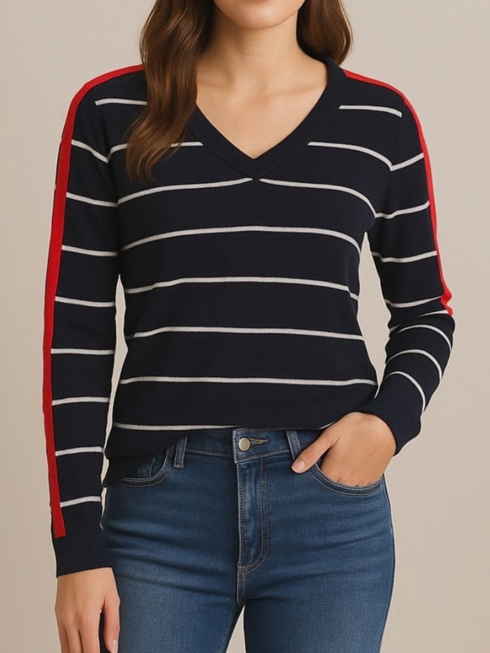 Banana Republic Navy Merino Wool Sweater White Stripe Crewneck Women’s Sz M